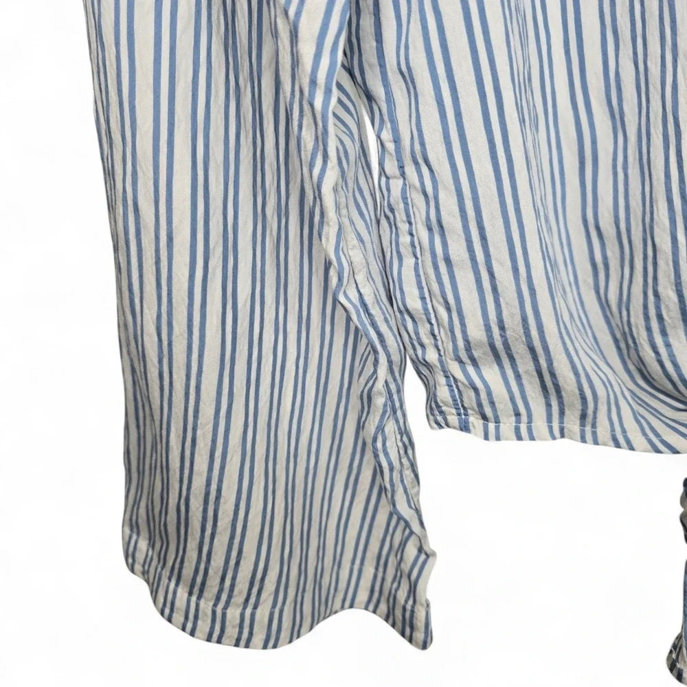 Michael Kors Top Womens Small Blue Striped Semi Sheer Crop Waist Tie Long Sleeve
